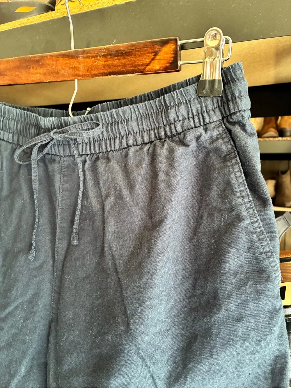 H&M Navy Straight-Leg Linen Blend Drawstring Pants